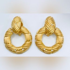 Basket Weave Doorknocker Earrings - Matte Gold Tone Clip On Earrings